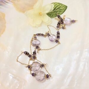 Bridgerton Pink amethyst circle coin crystal 14k gold filled rosary necklace